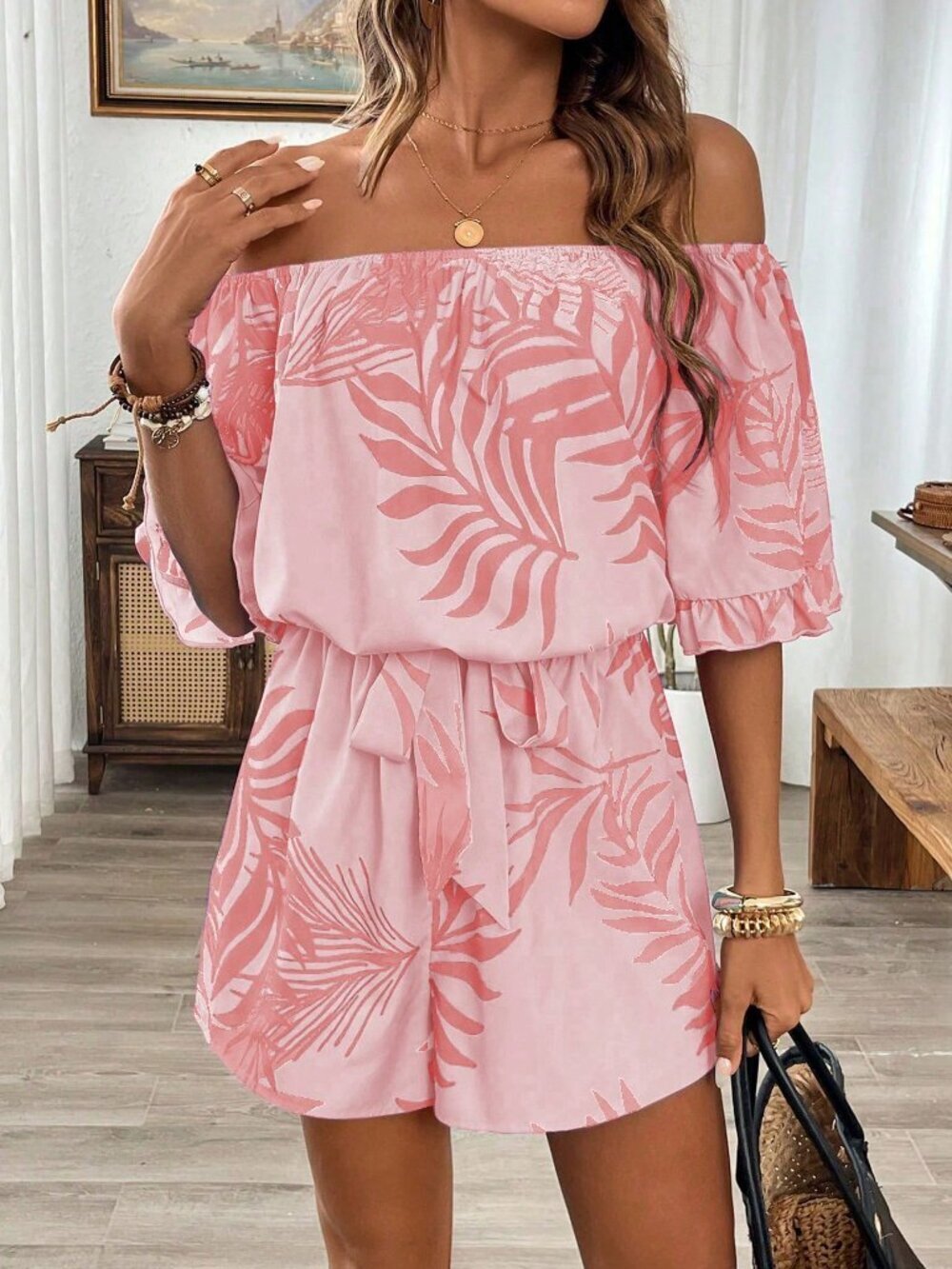 Pink Casual Women's Hawaiian Style Ruffled Off Shoulder Romper - Picture 3 of 6
